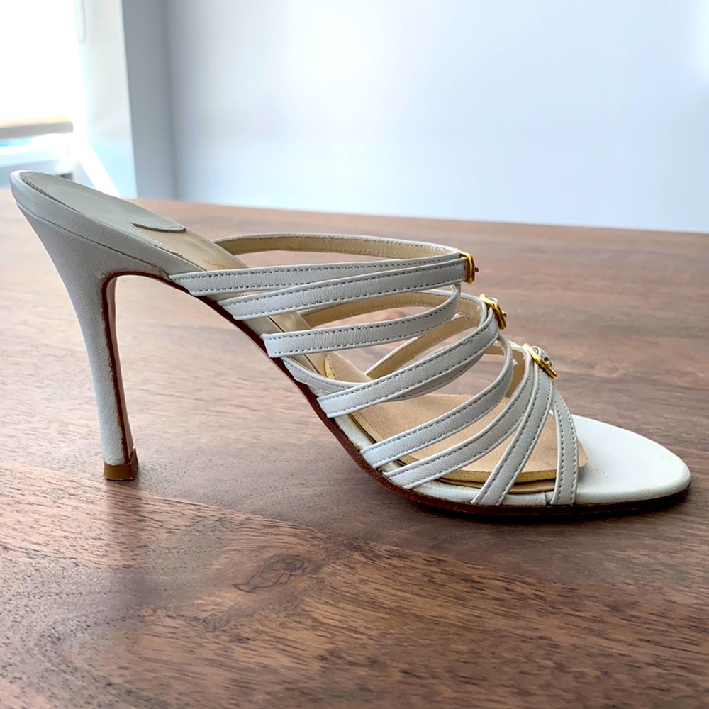 Stephen white straps with gold buckle high heeled sandal